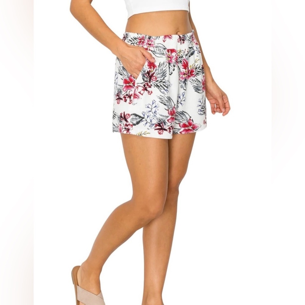 Cali 1850 Linen blend white floral print shorts high waist drawstring tie large
